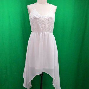 HEARTSOUL WHITE CROCHET CHIFFON HI LOW FAIRY FLOATY SPAGHETTI STRAP DRESS M